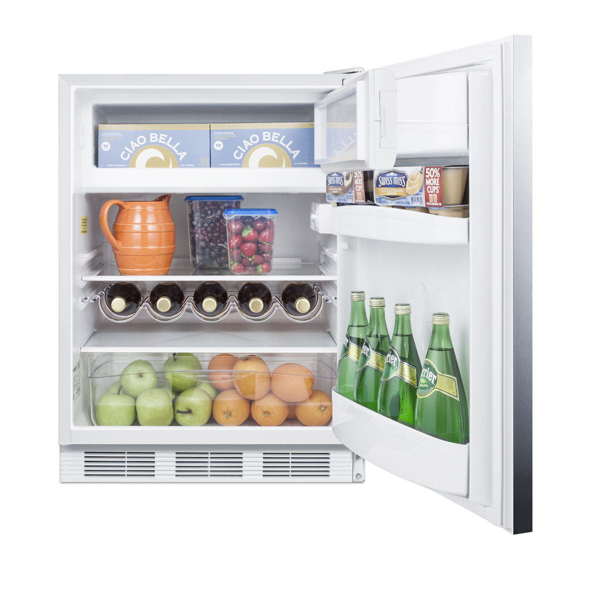 Built-in undercounter refrigerator-freezer for residential use, cycle defrost with a stainless steel wrapped door, horizontal handle, and white cabinet